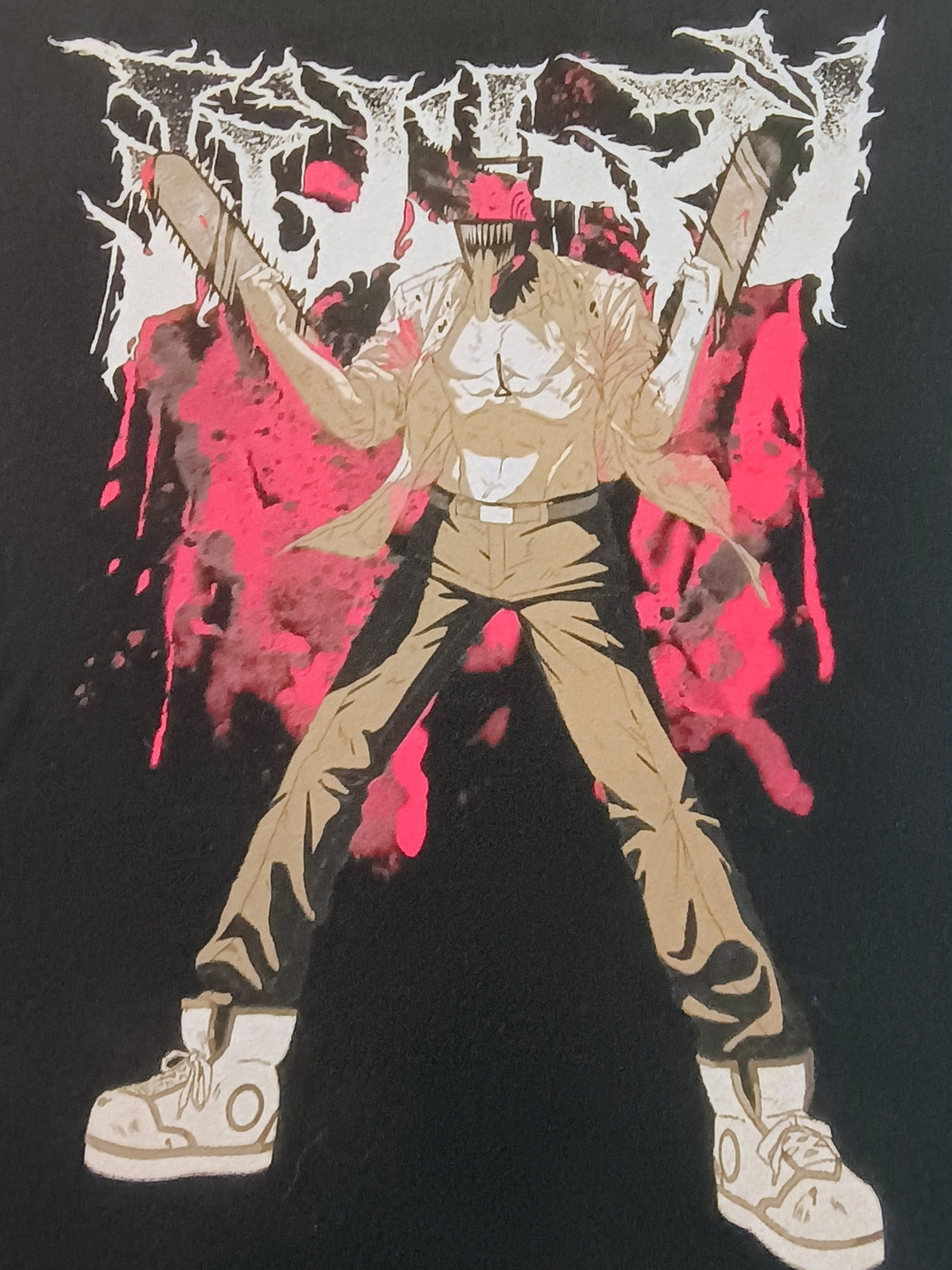 Chainsaw Man Anime -mens Black with Red & Tan Print - Picture 3 of 5